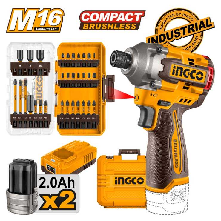 Ingco Κατσαβίδι Παλμικό Compact Μπαταρίας 16V Li-Ion 170Nm + Μύτες Impact Σετ 31 τεμ. COSLI241083E