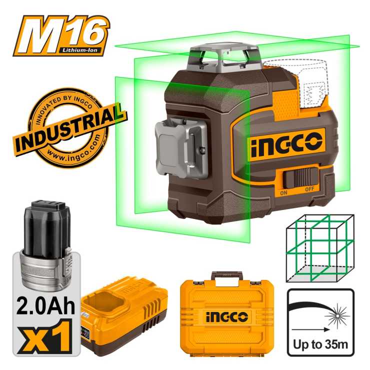 Ingco Αυτοαλφαδιαζόμενο Πράσινο Laser 3D  Μπαταρίας 16V Li-Ion HLL301201