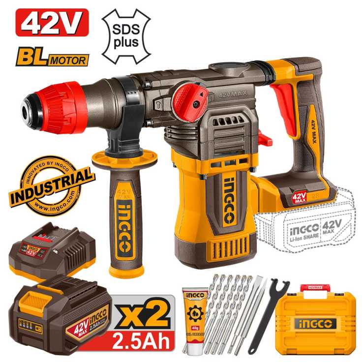 Ingco Πιστολέτο Περιστροφικό Κρουστικό Σκαπτικό Μπαταρίας 42V Li-Ion 4.5J 28mm CRHLI422882E