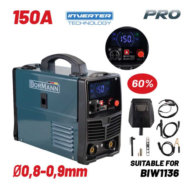 BORMANN Pro BIW1150 Ηλεκτροκόλληση MIG/MAG/TIG/MMA 150A,60%,No gas,450gr/1000gr Κουλούρα (0,8-1,0mm) 071648
