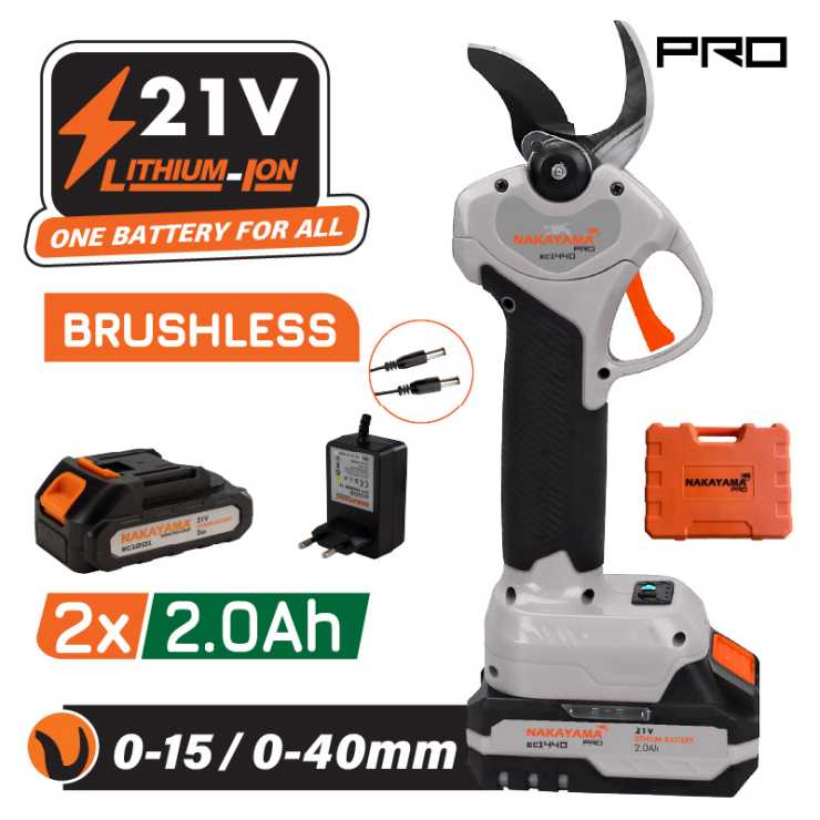 NAKAYAMA Pro EC1440 Ψαλίδι Κλάδου Μπαταρίας 21V, Brushless, Προοδευτική Κοπή 0-15mm/0-40mm, 0.9kg 082910