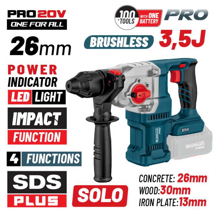 BORMANN Pro BBP5315 Πνευματικό Σκαπτικό Μπαταρίας SDS-PLUS,Brushless 250V,3.5J,0-1150rpm,SOLO 083016