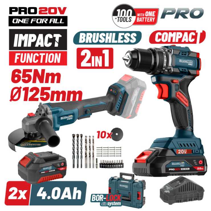 BORMANN Pro BBP5433X44T2CA Σετ Compact Brushless Κρουστικό Δραπανοκατσάβιδο 65Νm & Γωνιακός Τροχός,ΒMC 083269