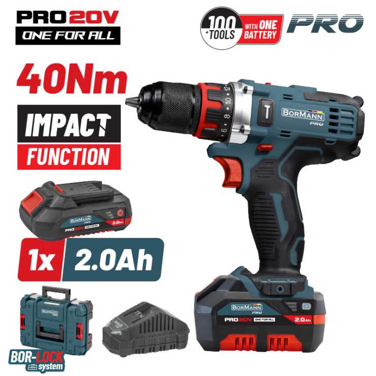BORMANN Pro BBP5446X2 Δραπανοκατσάβιδο Κρουστικό 20V,1x2Ah,Li-Ion,40Nm,2 Ταχύτητες & Βαλίτσα 083597