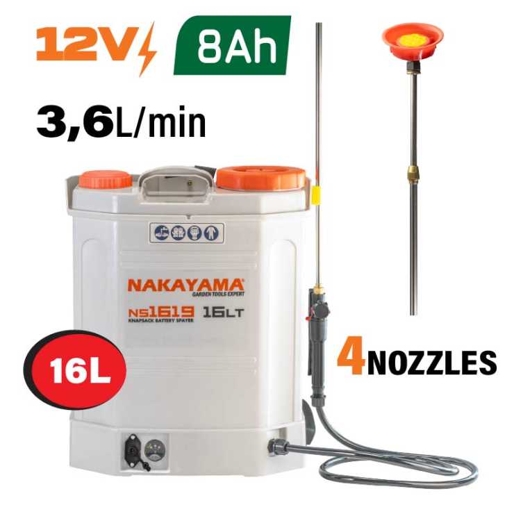 NAKAYAMA NS1619 Ψεκαστήρας Πλάτης Μπαταρίας 12V,8Ah,16Lt με Ανοξείδωτο Τηλεσκοπικό Αυλό 077992