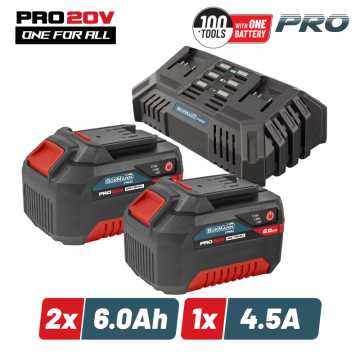 BORMANNN Pro BBP9966 Starter Kit 20V,Μπαταρίες 2x6.0Ah & Διπλός Ταχυφορτιστής ,Li-Ion,4.5A 083504
