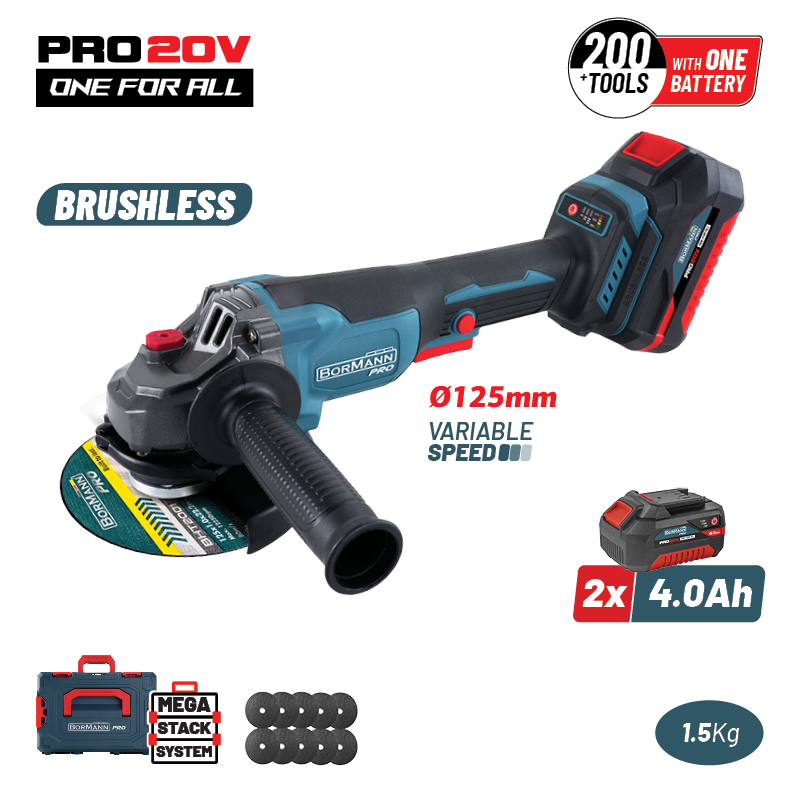 BORMANN Pro BBP3651X44CA Γωνιακός Τροχός Brushless Ρυθμιζόμενος 20V, 3000/5400/8000rpm, 2x4.0Ah 084907