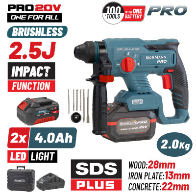 BORMANN Pro BBP5301X44CA Πνευματικό Σκαπτικό Μπαταρίας 20V,2x4Ah,Brushless, 2.5J, SDS-Plus & Βαλίτσα 084921