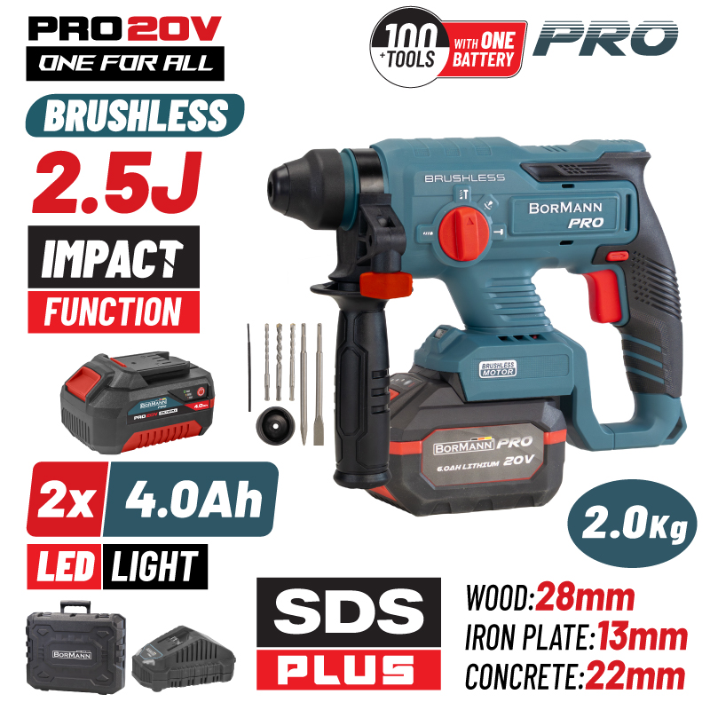 BORMANN Pro BBP5301X44CA Πνευματικό Σκαπτικό Μπαταρίας 20V,2x4Ah,Brushless, 2.5J, SDS-Plus & Βαλίτσα 084921
