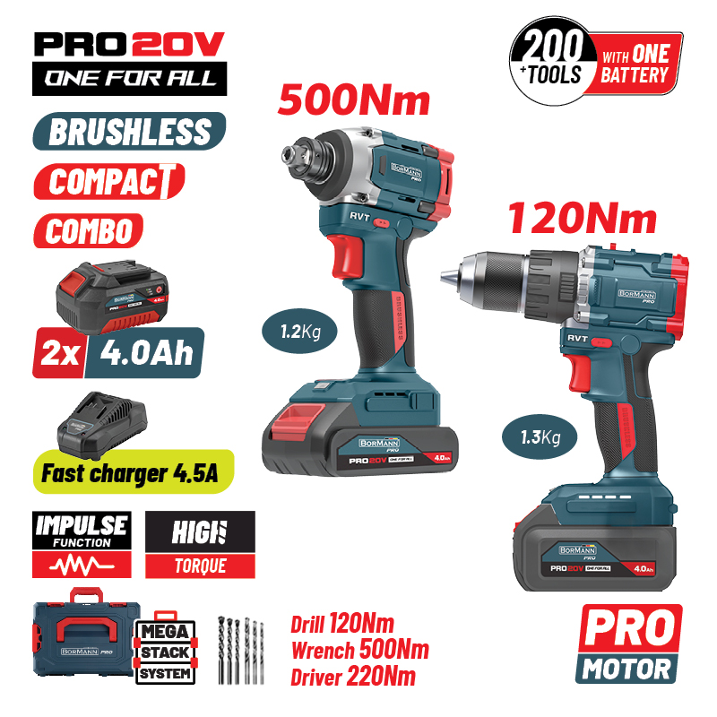 BORMANN Pro BBP5465X44T2CA Σετ Compact Brushless Κρουστικό Δραπανοκατσάβιδο & Μπουλονόκλειδο 2σε1 085263