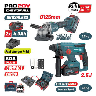 BORMANN Pro BBP5303X44Τ2CA Σετ Πνευματικό Brushless Σκαπτικό Μπαταρίας 20V & Γωνιακός Τροχός 085515