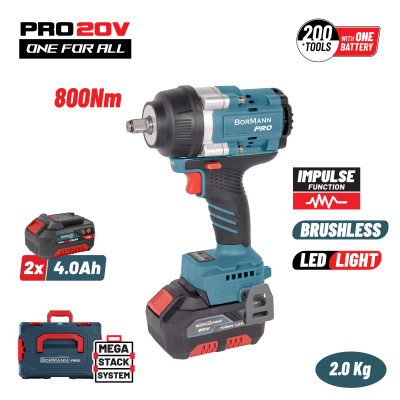 BORMANN Pro BBP5388X44CΑ Μπουλονόκλειδο Brushless Mπαταρίας 20V, Li-Ion, 2x4Ah, 800Nm & Βαλίτσα (088585)