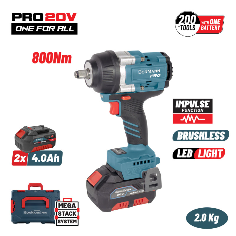 BORMANN Pro BBP5388X44CΑ Μπουλονόκλειδο Brushless Mπαταρίας 20V, Li-Ion, 2x4Ah, 800Nm & Βαλίτσα (088585)