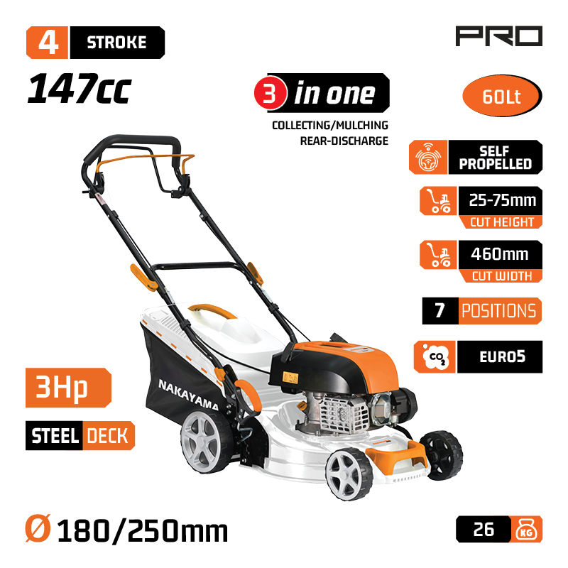 NAKAYAMA Pro PM5465 Χλοοκοπτική Βενζίνης Αυτοκινούμενη,149cc, Πλάτος Κοπής 46cm, Κάδος 60L 084082