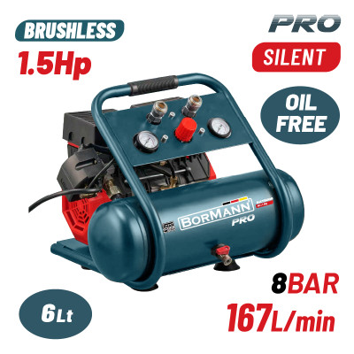 BORMANN BAT5006 Αεροσυμπιεστής Μονομπλόκ,Oil Free,Silent,Brushless,1.5Hp,6L,167L/min 085980