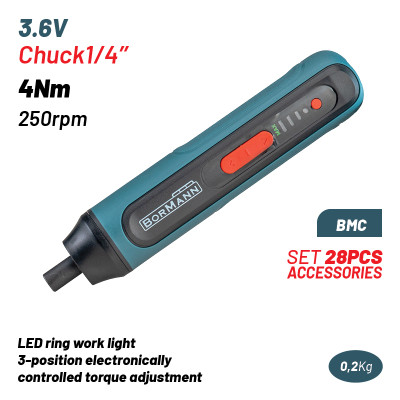 BORMANN BCD1051CA Κατσαβίδι Μπαταρίας 3.6V,Li-Ion,4Nm,250rpm,3 Θέσεις Ροπής,Led,BMC,Σετ 28 Αξεσουάρ 086482