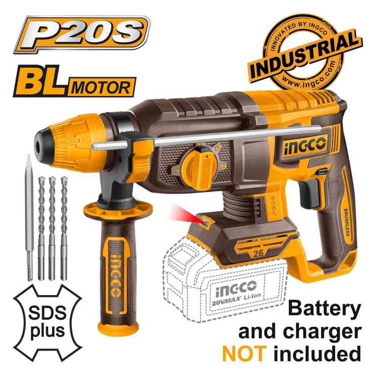 Ingco Πιστολέτο Περιστροφικό Κρουστικό Σκαπτικό Μπαταρίας 20V Li-Ion SOLO 2.5J CRHLI20268