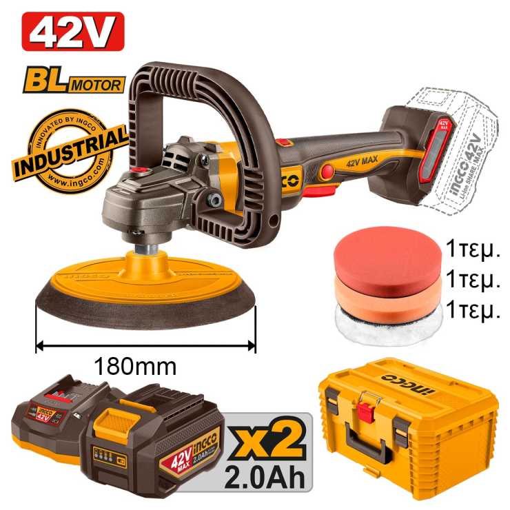 INGCO Αλοιφαδόρος Μπαταρίας 42V Li-Ion Φ 180mm +Εργαλειοθήκη Βαθιά 19" APLI42182E