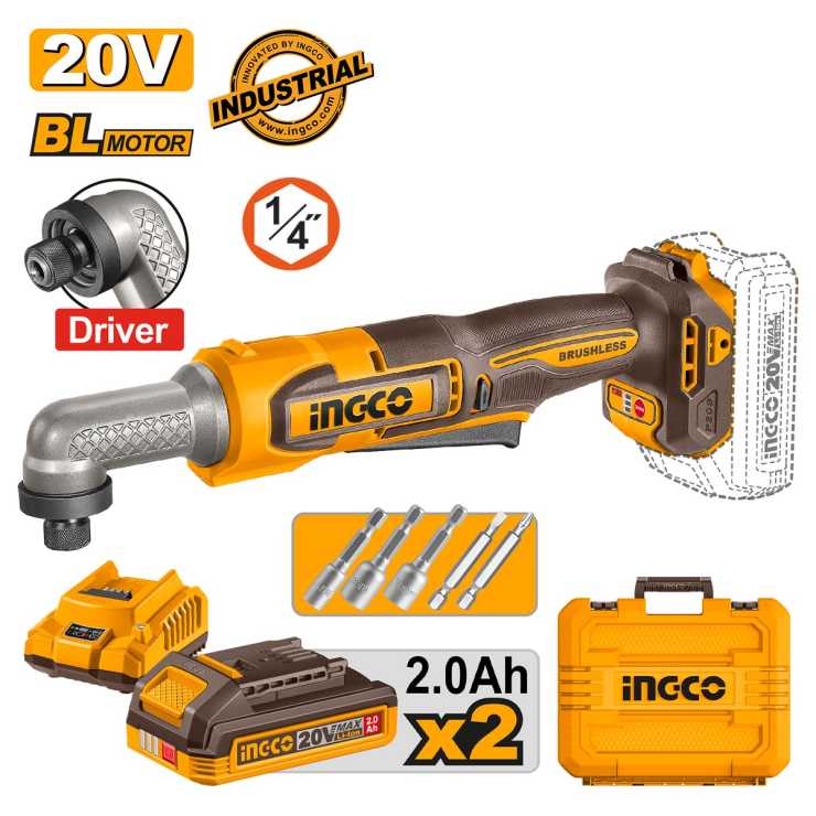 INGCO Παλμικό Γωνιακό Κατσαβίδι 1/4" Hex Μπαταρίας 20V Li-Ion 80Nm CAIRLI208E