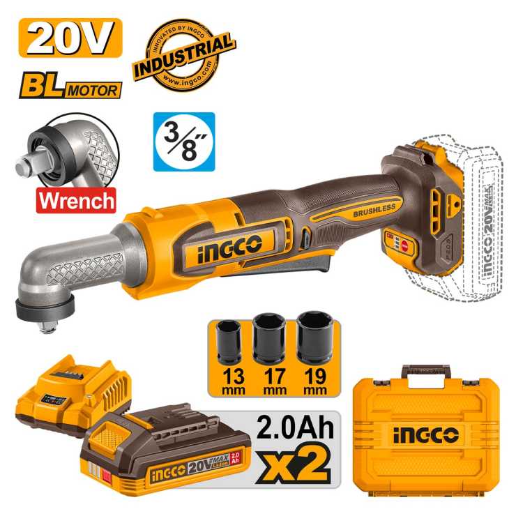INGCO Μπουλονόκλειδο Γωνιακό 3/8" Μπαταρίας 20V Li-Ion 80Nm CAIWLI208E
