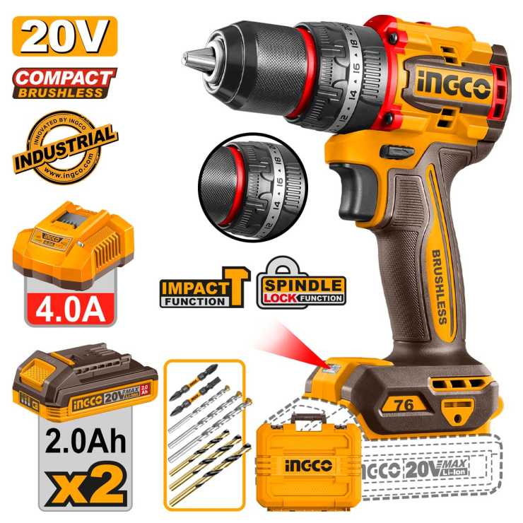 Ingco Κρουστικό Δραπανοκατσάβιδο Compact Μπαταρίας 20V Li-Ion 76Nm CIDLI207686E