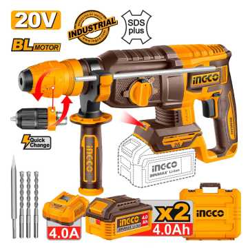 INGCO Πιστολέτο Περιστροφικό Κρουστικό Σκαπτικό Μπαταρίας 20V Li-Ion 2.5J Φ26mm +Ταχυτσόκ CRHLI202689E 