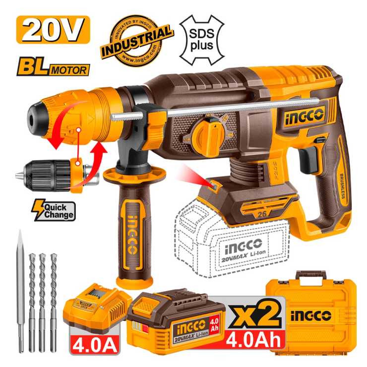 INGCO Πιστολέτο Περιστροφικό Κρουστικό Σκαπτικό Μπαταρίας 20V Li-Ion 2.5J Φ26mm +Ταχυτσόκ CRHLI202689E 
