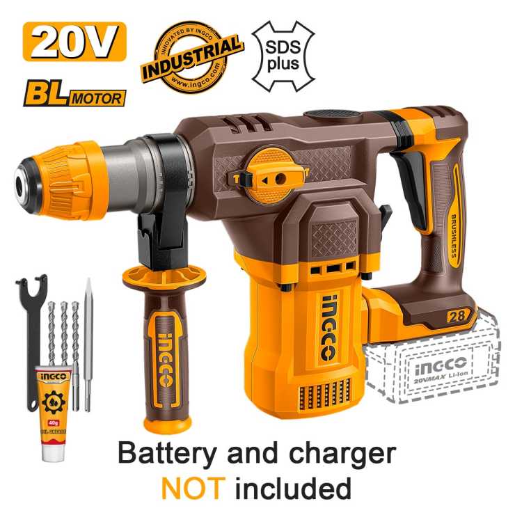 INGCO Πιστολέτο Περιστροφικό Κρουστικό Σκαπτικό Μπαταρίας 20V Li-Ion SOLO 4.5J Φ28mm CRHLI20286