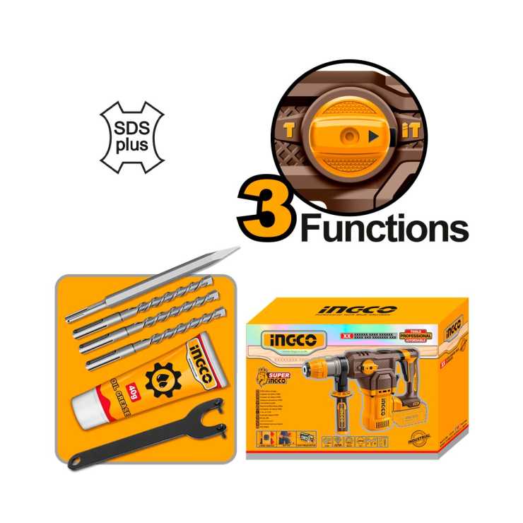 INGCO Πιστολέτο Περιστροφικό Κρουστικό Σκαπτικό Μπαταρίας 20V Li-Ion SOLO 4.5J Φ28mm CRHLI20286