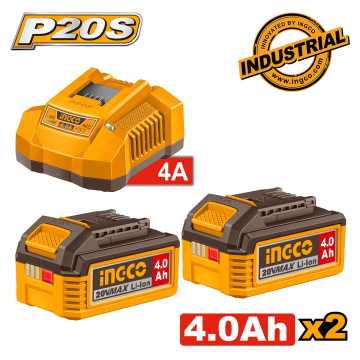 Ingco Μπαταρία 2 τεμ. 4.0Ah + Φορτιστής 4Α 1 τεμ. Σετ FBCPK2013E