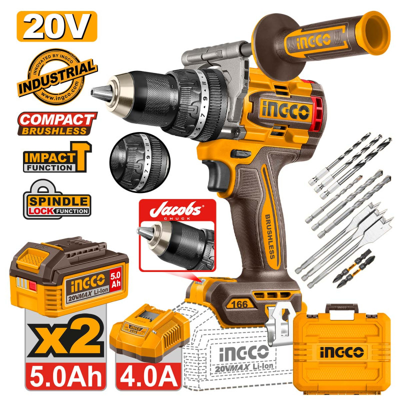 Ingco Κρουστικό Δραπανοκατσάβιδο Compact Μπαταρίας 20V Li-Ion 166Nm με Jacobs Τσοκ CIDLI201668E