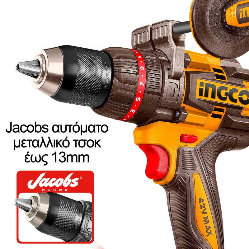 INGCO Κρουστικό Δραπανοκατσάβιδο Compact Μπαταρίας 42V Li-Ion 169Nm με Jacobs Τσοκ, τεχνολογία Tabless Cells CIDLI4216982