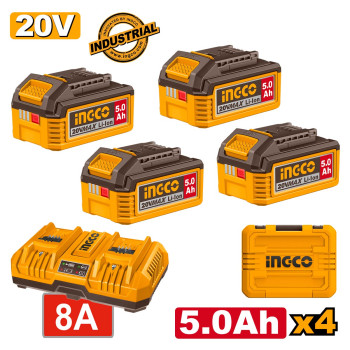 FBCLI20285E INGCO  Μπαταρίες 4 τεμ. 20V 5.0Ah + Ταχυφορτιστής 8A 2 Θέσεων + Βαλίτσα