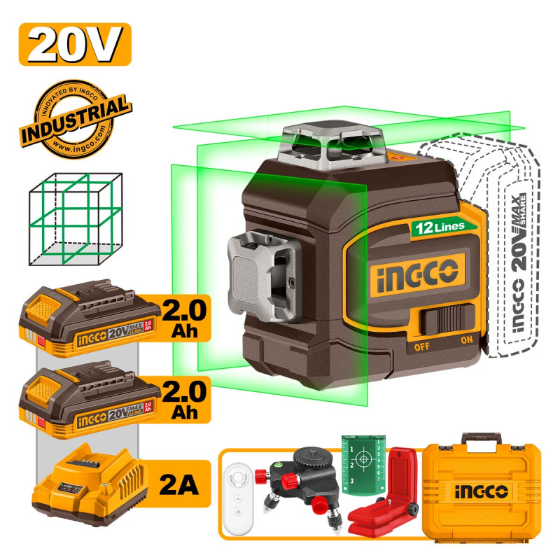 INGCO Αυτοαλφαδιαζόμενο Πράσινο Laser 3D Μπαταρίας 20V Li-Ion HLL3012165E