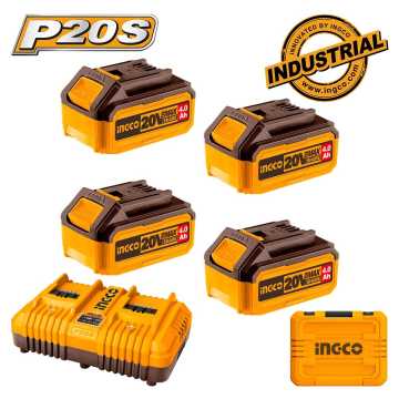 INGCO 4 τεμ. Μπαταρίες 4.0Ah + Ταχυφορτιστής 2 Θέσεων + Βαλίτσα Σετ 6 τεμ. FBCLI20244