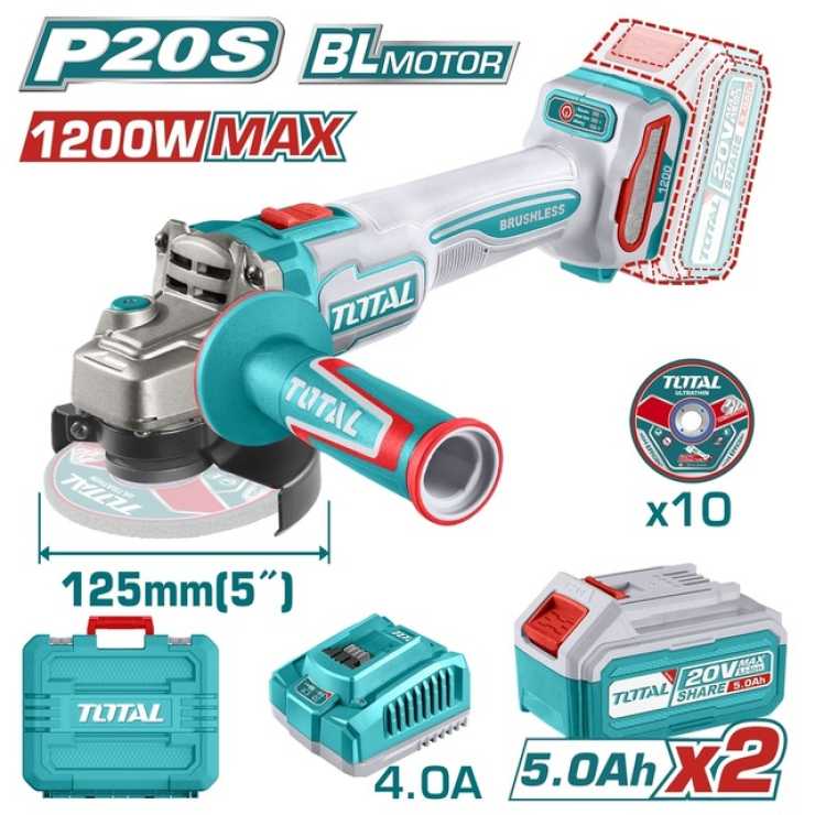 TOTAL ΕΠΑΓΓΕΛΜΑΤΙΚΟ ΣΕΤ ΓΩΝΙΑΚΟΣ ΤΡΟΧΟΣ 125mm ΜΠΑΤΑΡΙΑΣ Li-ion 20V / 5Ah / 2 ΜΠΑΤ (TAGLI2212532E)
