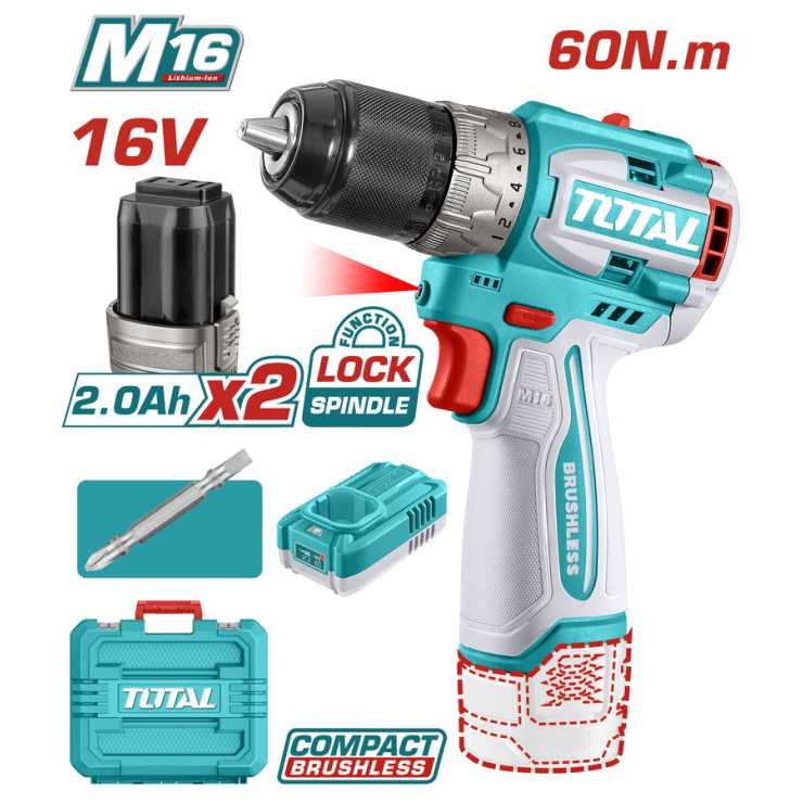 TOTAL ΕΠΑΓΓ. ΔΡΑΠ/ΒΙΔΟ ΜΠΑΤ. Li-ion 16V / 2Ah / 60Nm / 2 ΜΠΑΤ (TDLI16682)