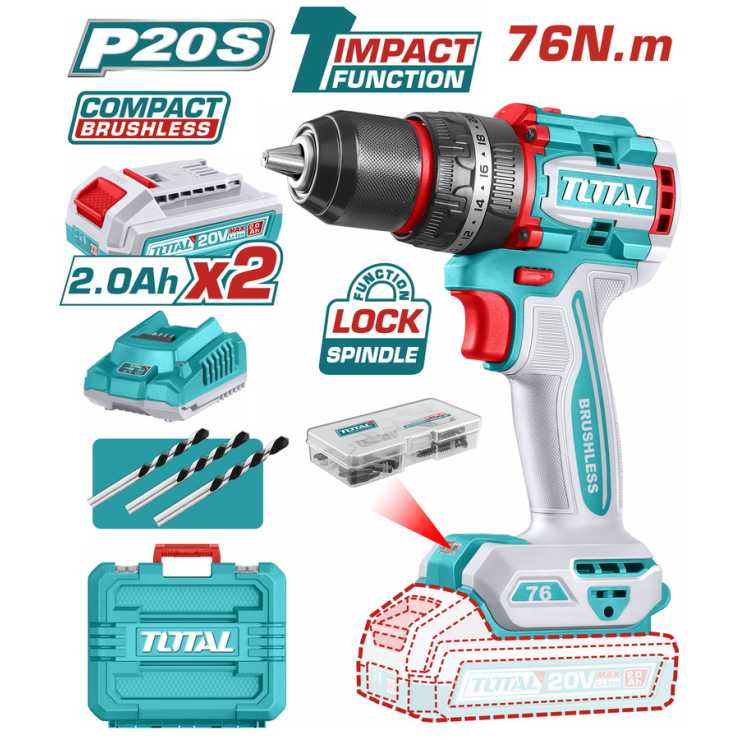 TOTAL ΕΠΑΓΓ. ΔΡΑΠ/ΒΙΔΟ ΚΡΟΥΣΤΙΚΟ ΜΠΑΤ. Li-ion 20V / 2Ah / 76Nm / 2 ΜΠΑΤ BL Motor (TIDLI20768E)
