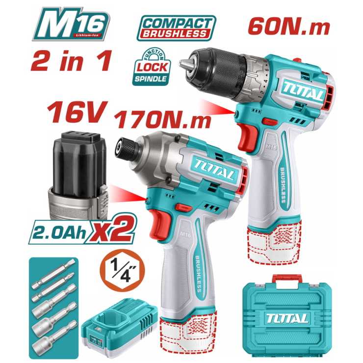 TOTAL ΣΕΤ ΕΠΑΓΓΕΛΜΑΤΙΚΟ ΔΡΑΠΑΝΟΚΑΤΣΑΒΙΔΟ 60Nm + ΠΑΛΜΙΚΟ ΚΑΤΣΑΒΙΔΙ 170Nm ΜΠΑΤΑΡΙΑΣ Li-ion 16V/2Ah/2 ΜΠΑΤ (TOSLI240968)