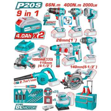 TOTAL ΕΠΑΓΓΕΛΜΑΤΙΚΟ ΣΕΤ 9τεμ ΕΡΓΑΛΕΙΩΝ ΜΠΑΤΑΡΙΑΣ Li-ion 20V / 4Ah / 2 ΜΠΑΤΑΡΙΕΣ BL Motor (TOSLI250381E)