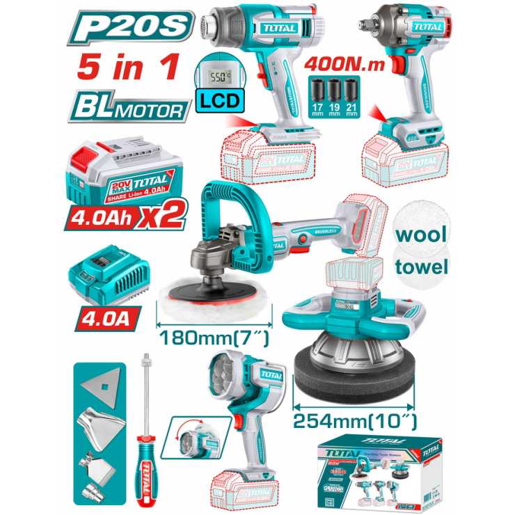 TOTAL ΕΠΑΓΓΕΛΜΑΤΙΚΟ ΣΕΤ 5τεμ ΕΡΓΑΛΕΙΩΝ ΜΠΑΤΑΡΙΑΣ Li-ion 20V / 4Ah / 2 ΜΠΑΤΑΡΙΕΣ BL Motor (TOSLI250592E)