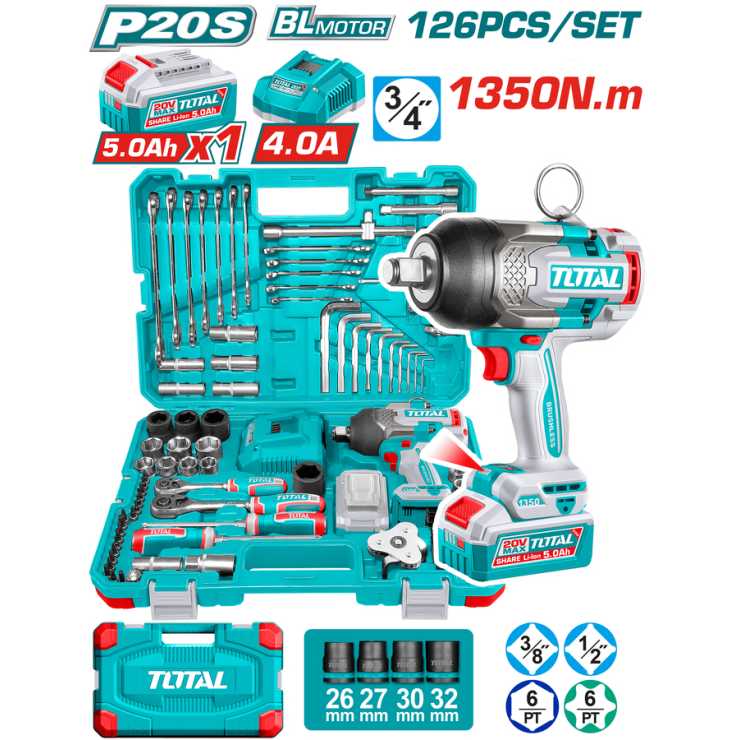 TOTAL ΕΠΑΓΓ. ΣΕΤ ΜΠΟΥΛΟΝΟΚΛΕΙΔΟ ΜΠΑΤ. Li-ion 20V / 1350Nm / 5Ah / 1 ΜΠΑΤ 126ΤΕΜ (THKTHP31262)