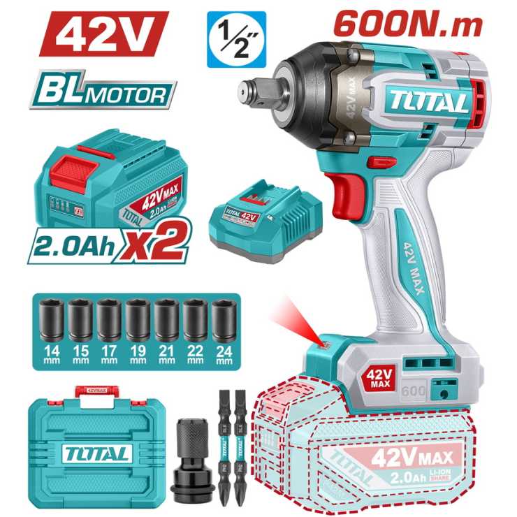 TOTAL ΕΠΑΓΓ. ΜΠΟΥΛΟΝΟΚΛΕΙΔΟ ΜΠΑΤ. Li-ion 42V / 2Ah / 600Nm / 2 ΜΠΑΤ BL Motor (TIWLI42602E)