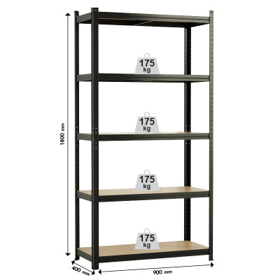UNIMAC ΡΑΦΙΕΡΑ ΜΕΤΑΛΛΙΚΗ 90x40x180 ΜΑΥΡΗ 175kg 5 ΡΑΦΙΑ MDF 610416