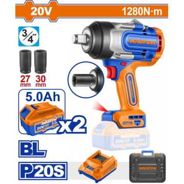 WADFOW ΜΠΟΥΛΟΝΟΚΛΕΙΔΟ ΜΠΑΤΑΡΙΑΣ Li-ion 20V / 1280Nm / 5Ah / 2 ΜΠΑΤ BL Motor (WCD1B128E)