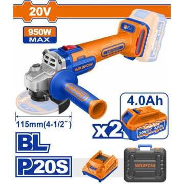 WADFOW ΣΕΤ ΓΩΝΙΑΚΟΣ ΤΡΟΧΟΣ 115mm ΜΠΑΤΑΡΙΑΣ Li-ion 20V / 950W / 4Ah / 2 ΜΠΑΤ BL Motor (WLAP5322E)