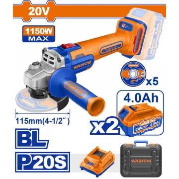 WADFOW ΣΕΤ ΓΩΝΙΑΚΟΣ ΤΡΟΧΟΣ 115mm ΜΠΑΤΑΡΙΑΣ Li-ion 20V / 1150W / 4Ah / 2 ΜΠΑΤ BL Motor (WLAPB522E)