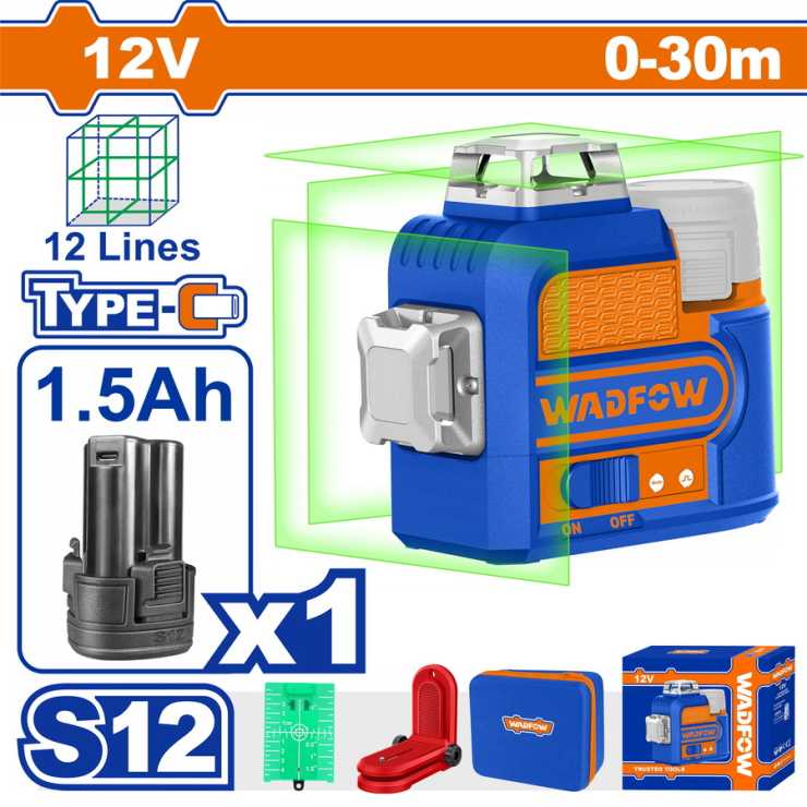 WADFOW ΑΛΦΑΔΙ LASER 12V / 3D ΑΥΤΟ-ΟΡΙΖΟΝΤΙΟΥΜΕΝΟ ΣΤΑΥΡΟΥ 0-30m ΜΕ ΠΡΑΣΙΝΕΣ ΑΚΤΙΝΕΣ (WLE8M12)