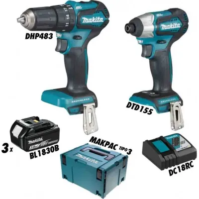 MAKITA ΔΡΑΠΑΝΟ ΚΡΟΥΣΤΙΚΟ DHP483 ΚΑΤΣΑΒΙΔΙ DTD155 ΜΠΑΤΑΡΙΕΣ 3xBL1830B ΦΟΡΤΙΣΤΗΣ DC18RC ΒΑΛΙΤΣΕΣ MAKPAC DLX2221JX3