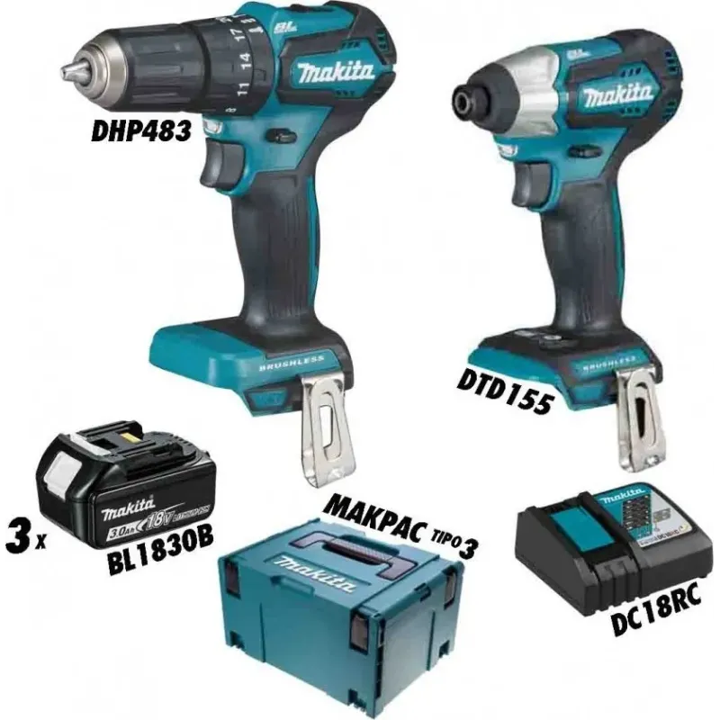 MAKITA ΔΡΑΠΑΝΟ ΚΡΟΥΣΤΙΚΟ DHP483 ΚΑΤΣΑΒΙΔΙ DTD155 ΜΠΑΤΑΡΙΕΣ 3xBL1830B ΦΟΡΤΙΣΤΗΣ DC18RC ΒΑΛΙΤΣΕΣ MAKPAC DLX2221JX3